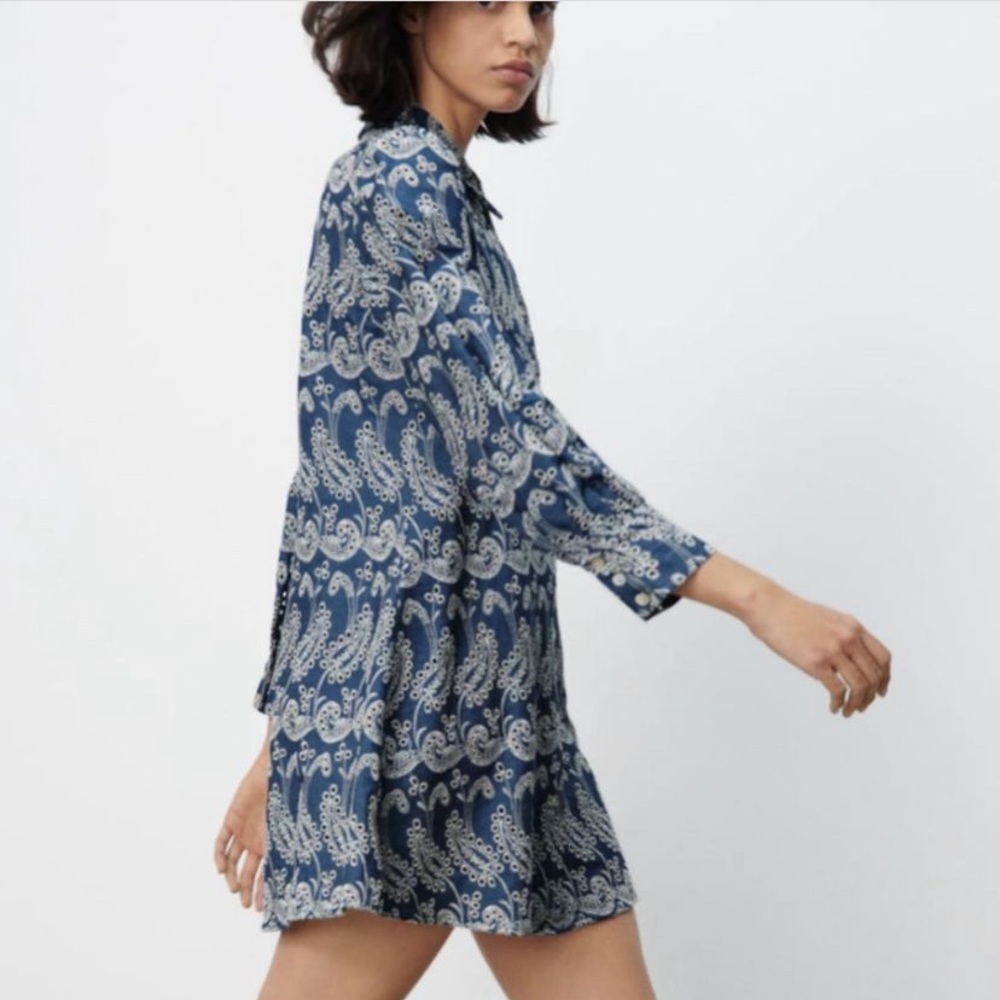 ZARA openwork embroidered Blue White Buttondown Shirtdress